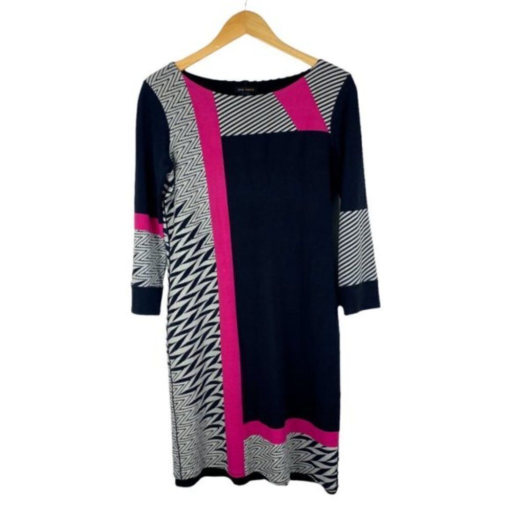 Eva Varro Pink Black Multi Pattern Abstract Stretch Shift Cocktail Dress US M